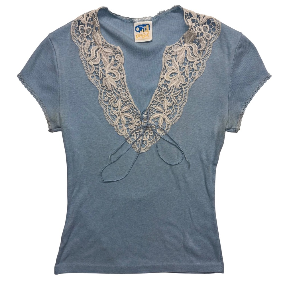 Vintage 70s City Girl Blue Lace Trim Lace Up V-Neck Short Sleeve Top Large